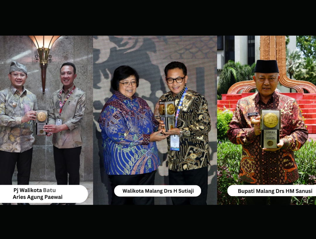 Walikota Malang Drs H Sutiaji, Bupati Malang Drs HM Sanusi dan Pj Walikota Malang Aries Aries Agung Paewai menerima penghargaan Piala Adipura dari Menteri LHK Siti Nurbaya. (suara gong/ist)
﻿