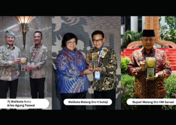 Walikota Malang Drs H Sutiaji, Bupati Malang Drs HM Sanusi dan Pj Walikota Malang Aries Aries Agung Paewai menerima penghargaan Piala Adipura dari Menteri LHK Siti Nurbaya. (suara gong/ist)
﻿