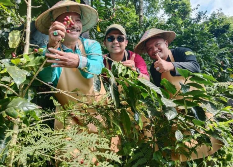 Bupati Situbondo Karna Suswandi bersama Sekdakab Wawan Setiawan saat menghadiri acara petik kopi di lereng gunung Argopuro Situbondo. (fin/mam)