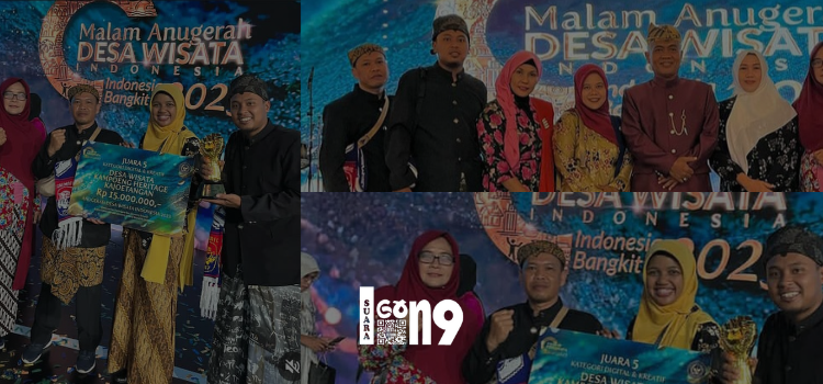 Penerimaan penghargaan juara V ADWI 2023 oleh Ketua Pokdarwis Kajoetangan Heritage, bersama jajaran Pemkot Malang. (ist)