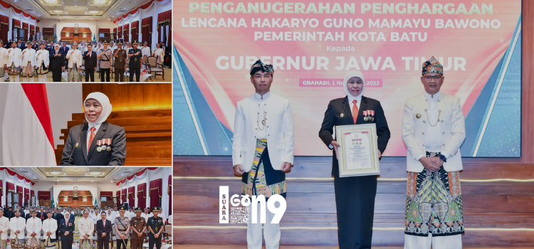 Pemkot Batu memberikan anugerah lencana tanda kehormatan Hakaryo Guno Mamayu Bawono, kepada Gubernur Jawa Timur Khofifah Indar Parawansa.