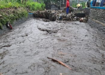 Kali Paron saat tersumbat sampah dan kayu di Desa Bumiaji (ist)