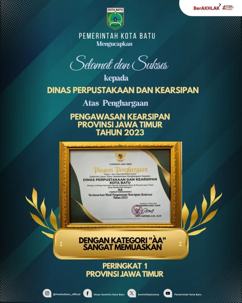 Disperpusip Kota Batu meraih penghargaan peringkat pertama dari Gubernur Jawa Timur di bidang Pengawasan Kearsipan Eksternal Tahun 2023.