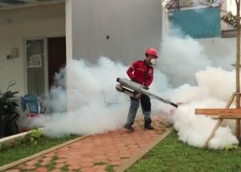 Ft : Pegawai Dinkes Kota Batu melakukan foging untuk wilayah Kelurahan Temas. ( ist)