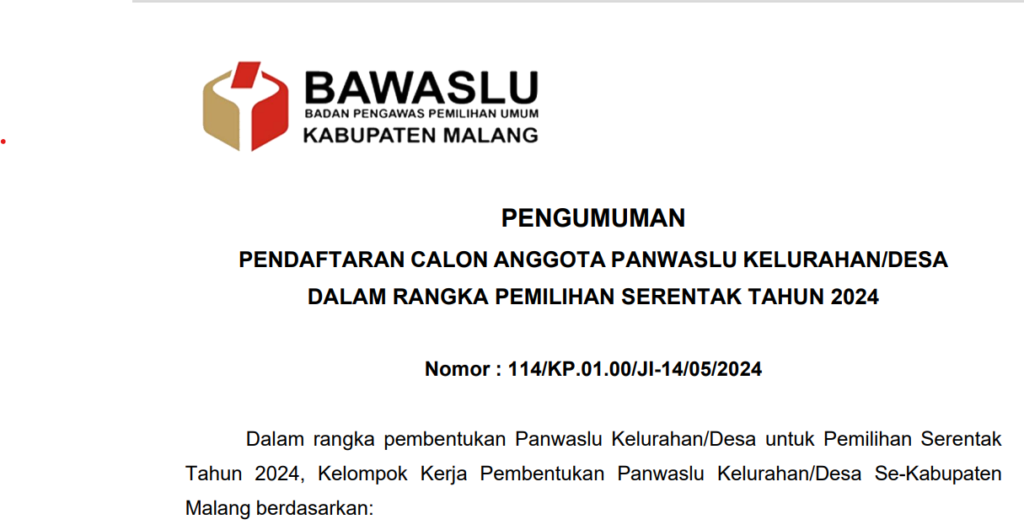 Bawaslu Kabupaten Malang Buka Pendaftaran Panwaslu