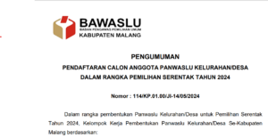 PENGUMUMAN PENDAFTARAN CALON ANGGOTA PANWASLU KELURAHAN/DESA Dalam Rangka Pemilihan Serentak Tahun 2024
