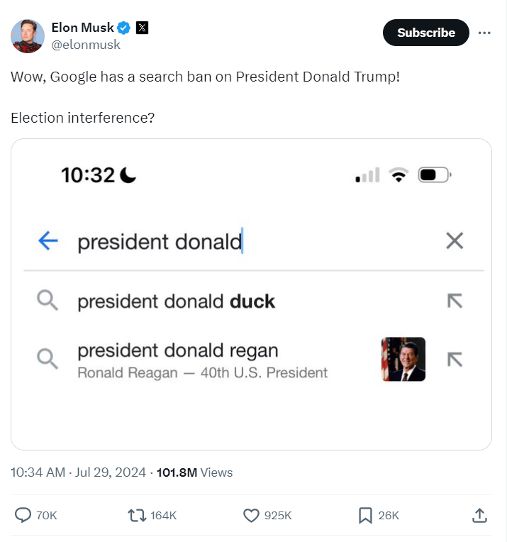 Elon Musk Mencoba Pencarian Donald Trump di google/sc : X/ElonMusk/