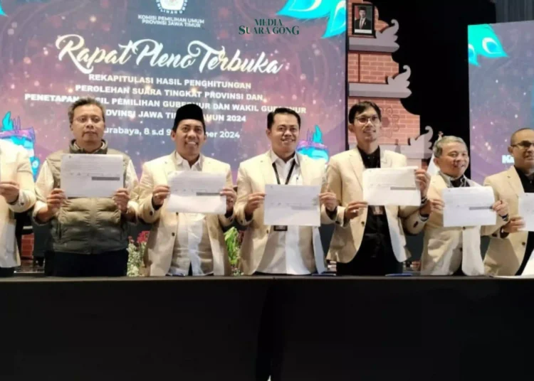 rekapitulasi suara Pemilihan Gubernur (Pilgub) Jawa Timur (Jatim) 2024 di tingkat provinsi selesai dilakukan Komisi Pemilihan Umum (KPU) Jawa Timur.