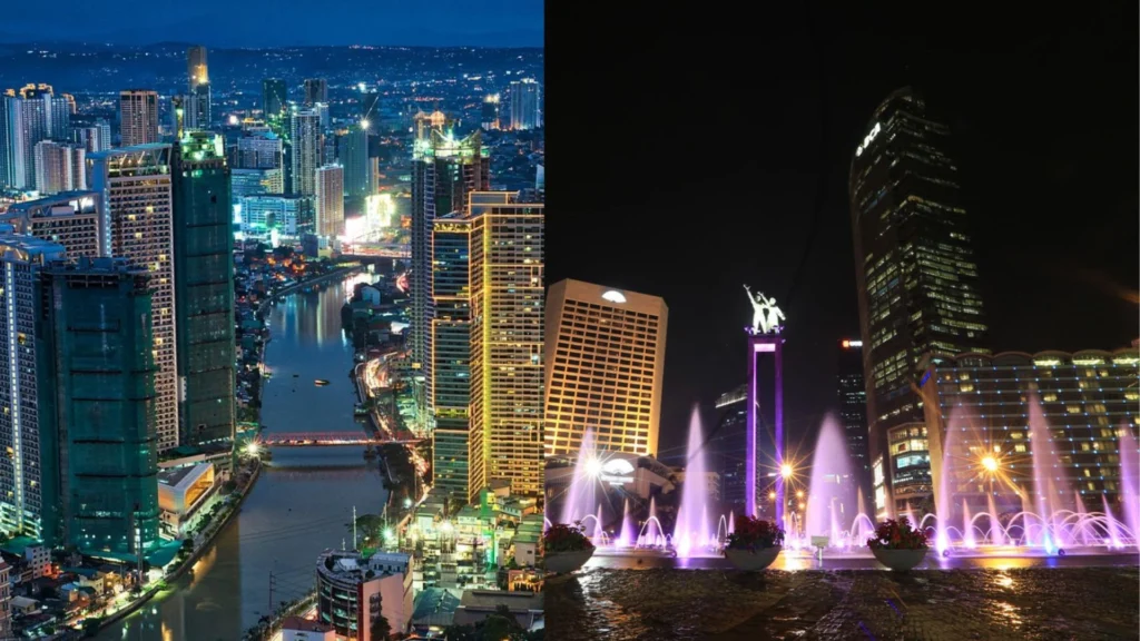 Manila (kiri), dan Jakarta (kanan) saat malam hari