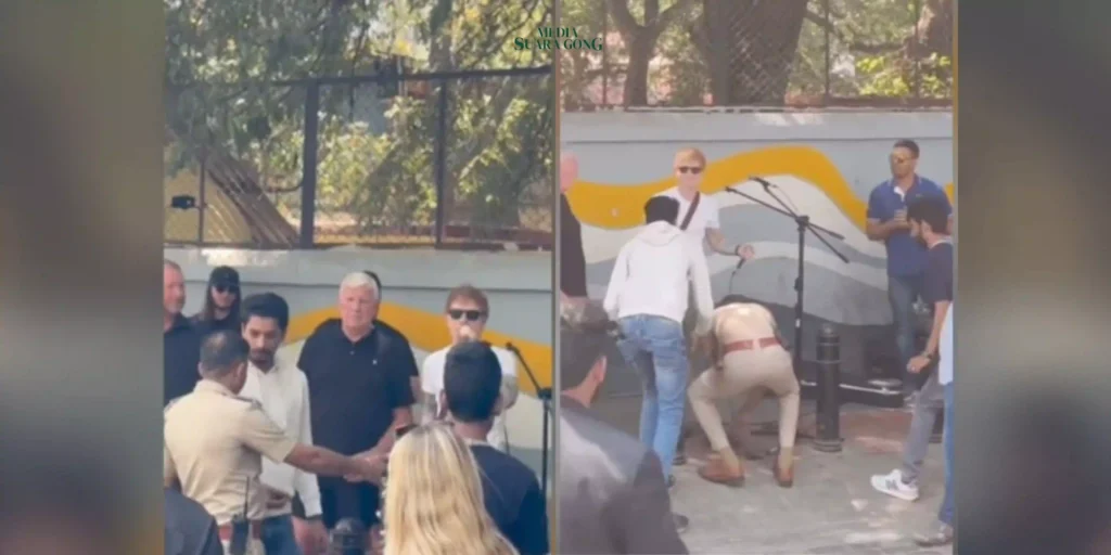 Penyanyi pop asal Inggris, Ed Sheeran, dihentikan oleh polisi India saat mengamen di kawasan Church Street, Bengaluru, pada Minggu (11/2)