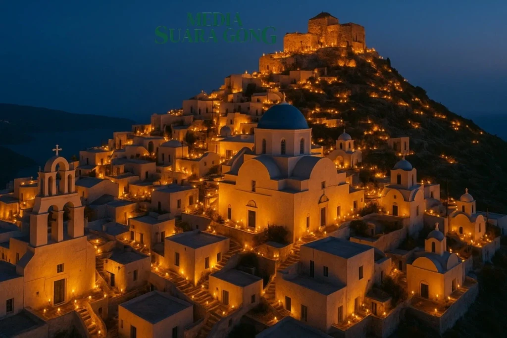 Pyrgos Menyala Saat Paskah Ortodoks di Santorini