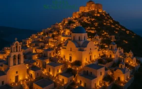 Pyrgos di Santorini bersinar bentuk perayaan Paskah Gereja Ortodoks (Ilustrasi oleh: Mathilda)