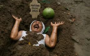 Seorang pria dari Desa Wedusan, Kab Probolinggo, menggelar aksi teatrikal dengan berpura-pura "mati suri" di tengah jalan rusak