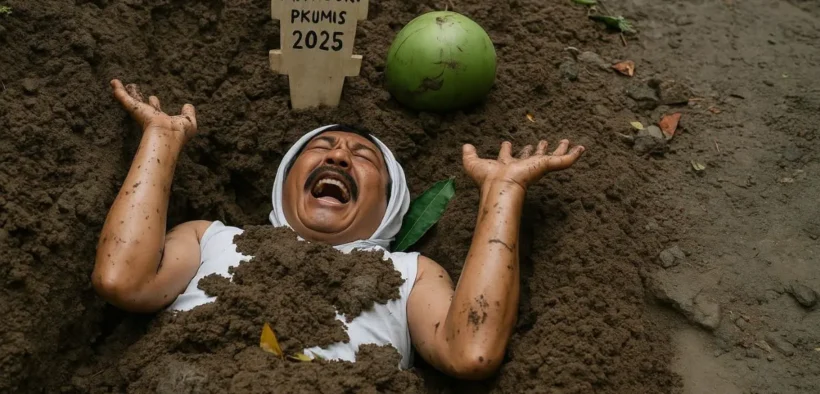 Seorang pria dari Desa Wedusan, Kab Probolinggo, menggelar aksi teatrikal dengan berpura-pura "mati suri" di tengah jalan rusak