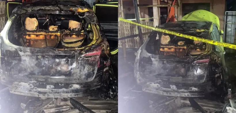 Sebuah mobil dilaporkan hangus terbakar di halaman rumah warga Desa Klampok, Kecamatan Singosari, Kabupaten Malang Senin (26/5/2025)