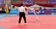 FT. Atlet taekwondo saat sedang bertanding di Porprov Jatim 2025. (MemoX/nif)