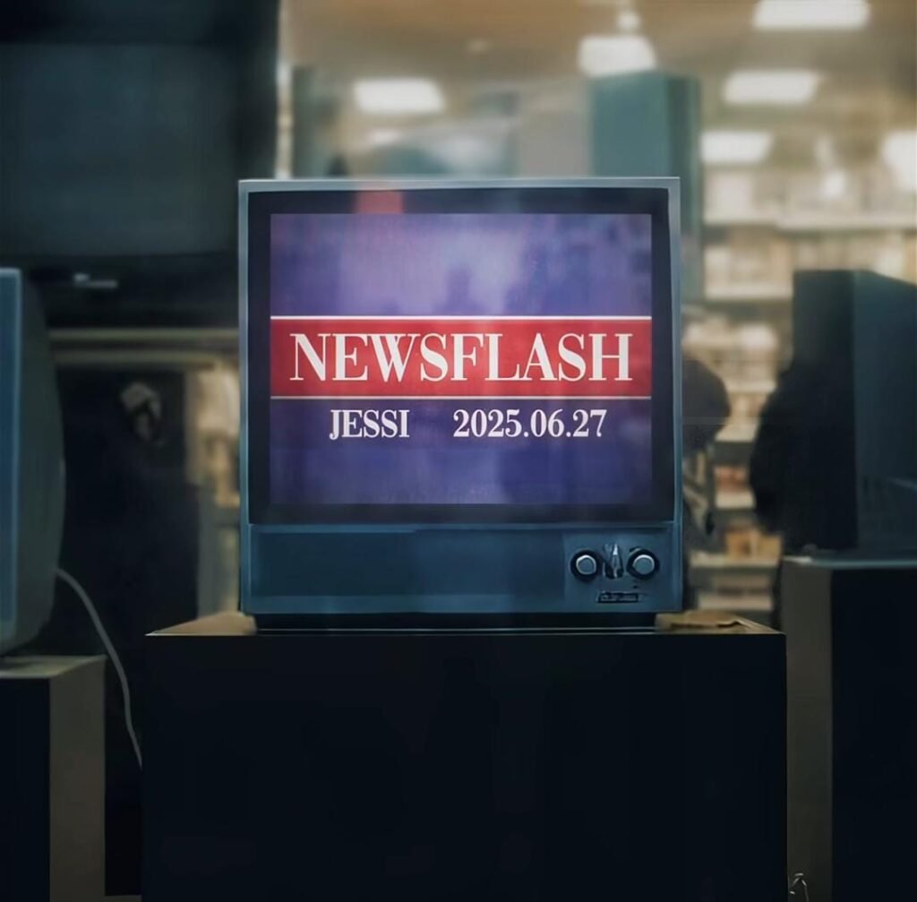 teaser video bertema retro, dengan layar TV analog yang menampilkan headline “NEWSFLASH” dan tanggal 2025.06.27.