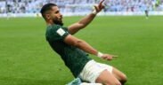 Saleh Al-Shehri pemain arab saudi melakukan selebrasi setelah mencetak gol dari haiti 0-1