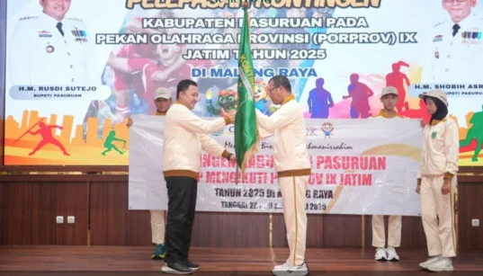 Sebanyak 464 atlet Porprov Jatim resmi dilepas oleh Bupati Pasuruan, Rusdi Sutejo digelar di Auditorium Mpu Sindok, Kamis (12/6/2025).