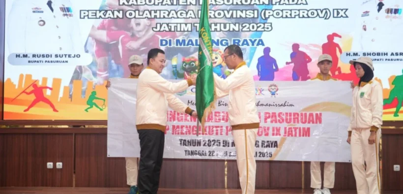 Sebanyak 464 atlet Porprov Jatim resmi dilepas oleh Bupati Pasuruan, Rusdi Sutejo digelar di Auditorium Mpu Sindok, Kamis (12/6/2025).