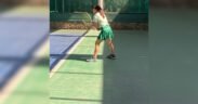 fashion atlet tenis kota malang berwarna hijau mint pastel dan rok hijau emerlad dan sepatu ASICS Gel-Resolution X
