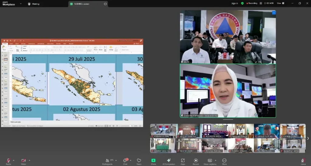 Kepala Badan Meteorologi, Klimatologi, dan Geofisika (BMKG) mengeluarkan peringatan tegas dalam Rapat Koordinasi Nasional Penanganan Karhutla yang di gelar oleh BNPB secara Daring, bahwa sebagian besar wilayah Indonesia—terutama di Sumatera dan Kalimantan—akan menghadapi puncak musim kemarau pada Agustus 2025.