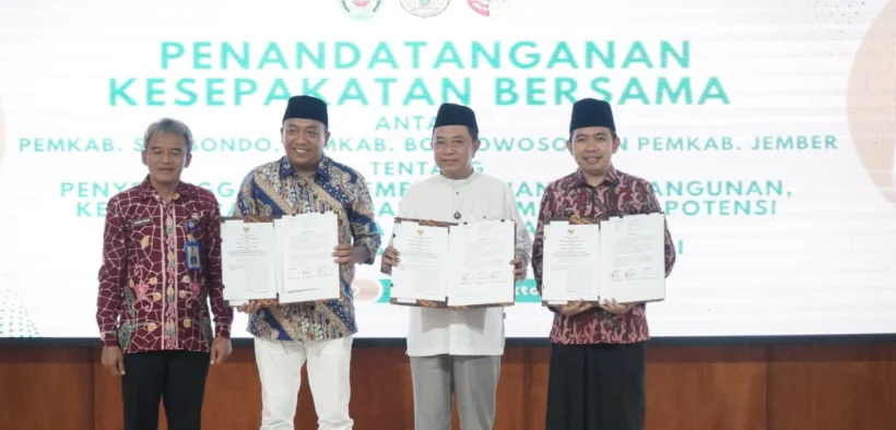 Tiga pemerintah kabupaten di wilayah Tapal Kuda, Jawa Timur — Bondowoso, Situbondo, dan Jember — secara resmi menandatangani nota kesepakatan bersama (MoU) tentang penyelenggaraan pemerintahan, pembangunan kemasyarakatan, dan pengembangan potensi daerah serta pelayanan publik terintegrasi berbasis aglomerasi.