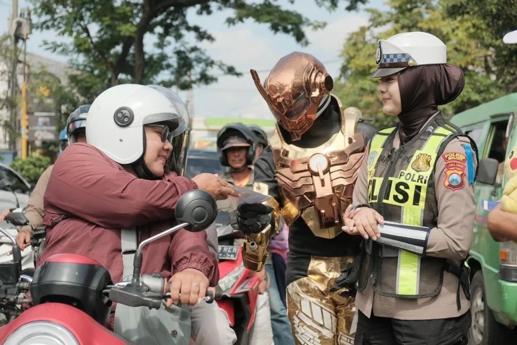 Polisi di Malang melakukan sosialisasi Operasi Zebra Semeru 2025 dengan kostum atau Cosplay super hero, Tegakkan Hukum Dengan Cara Have fun