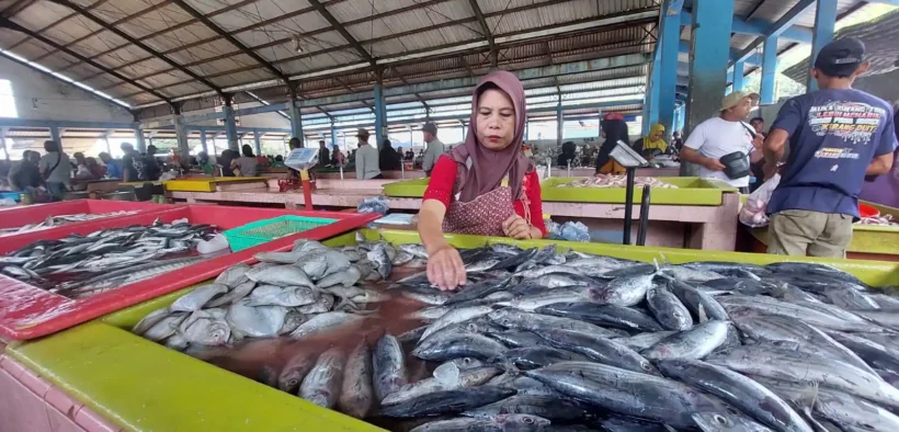 Pedagang ikan di TPI Mayangan menata dagangan di tengah kenaikan harga akibat nelayan tak melaut.
