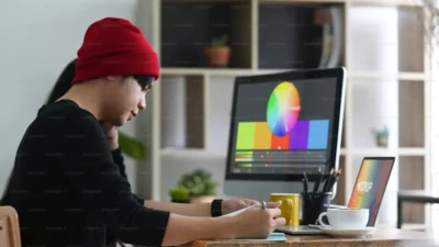 Desainer grafis digital menciptakan karya visual untuk bisnis online
