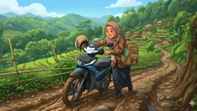 buatkan aku ilustrasi Guru Honorer yang melewati jalanan sulit pelosok negeri untuk mengajar