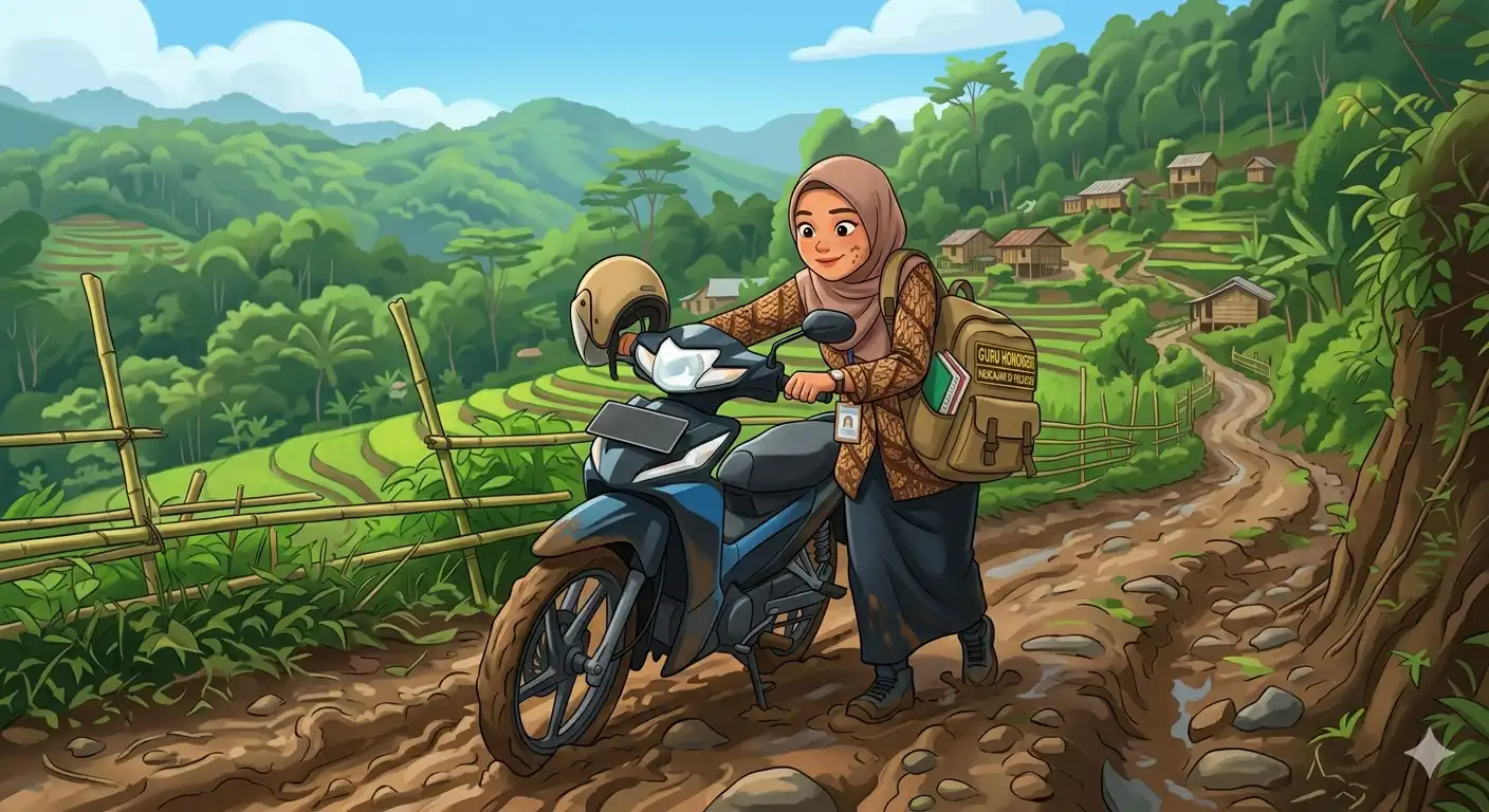 buatkan aku ilustrasi Guru Honorer yang melewati jalanan sulit pelosok negeri untuk mengajar