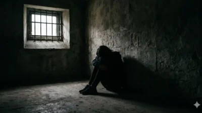 Siluet seorang wanita yang duduk meringkuk di dalam ruangan gelap, dengan seberkas cahaya kecil dari jendela berjeruji atau pintu yang sedikit terbuka.