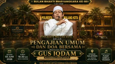Polresta Malang Kota menggelar Pengajian Umum bersama Gus Iqdam di Stadion Gajayana sebagai rangkaian Bulan Bhakti Bhayangkara ke-80