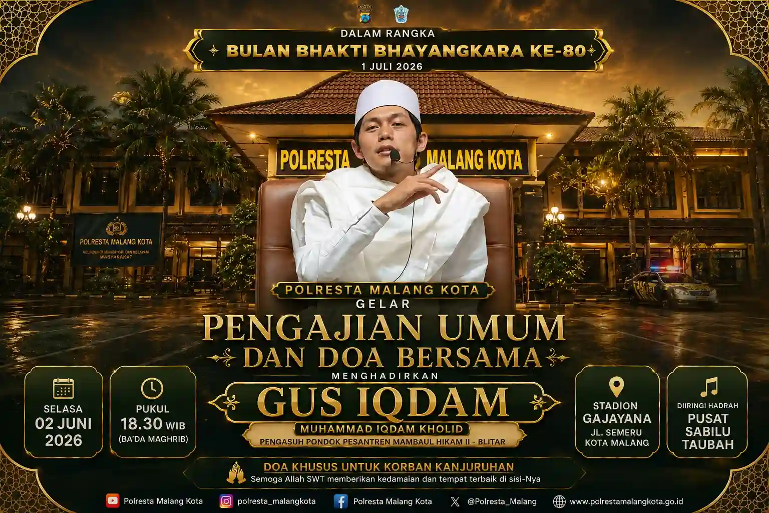 Polresta Malang Kota menggelar Pengajian Umum bersama Gus Iqdam di Stadion Gajayana sebagai rangkaian Bulan Bhakti Bhayangkara ke-80