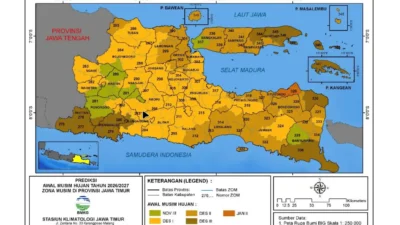 BMKG memprediksi awal musim hujan 2026/2027 di sebagian besar wilayah Jawa Timur mengalami keterlambatan dibanding kondisi normal.
