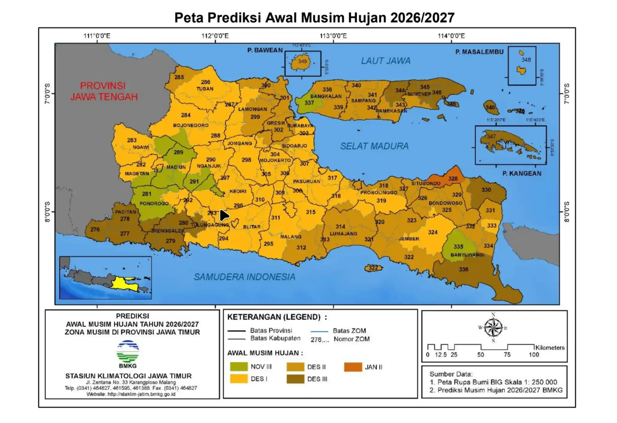 BMKG memprediksi awal musim hujan 2026/2027 di sebagian besar wilayah Jawa Timur mengalami keterlambatan dibanding kondisi normal.